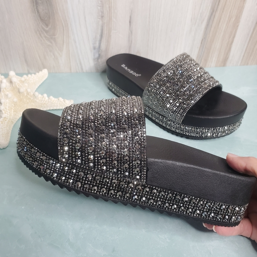 New! Black Rhinestone Wedge Slides - Picture 2 of 8